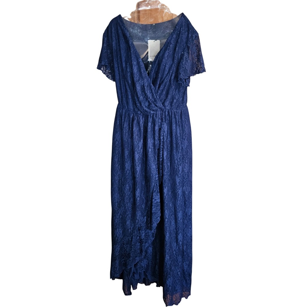 a.Jesdani Navy Blue Floral Lace Wrap V-Neck High-Low Maxi Dress Plus Size 1X NWT